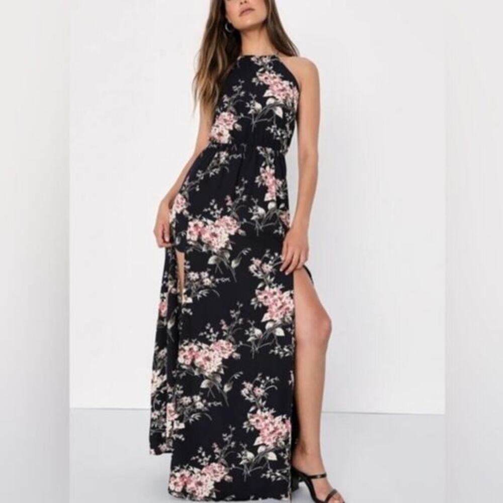 NEW Lulu's Feel the Music Midnight Blue Black Floral Print Maxi Dress Small